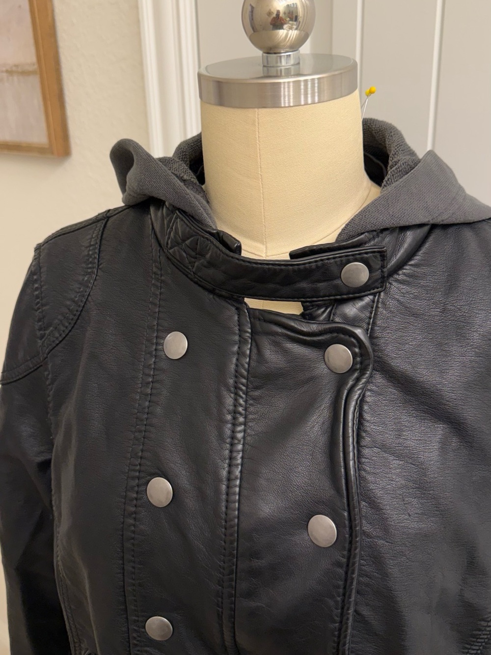 We The Free People Black Faux Leather Moto Jacket with Hooded Liner - Picture 6 of 12